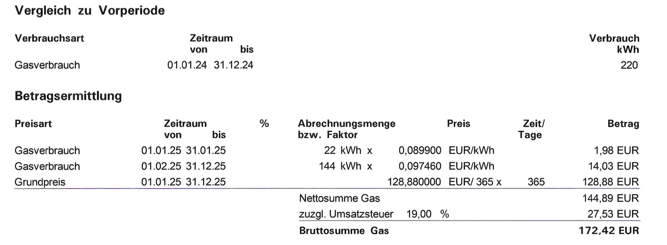 Auszug Gasabrechnung 2025: Betragsermittlung